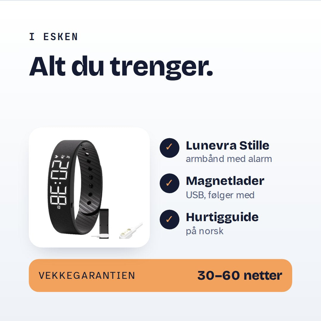 Innholdet i esken: armbånd, magnetlader og norsk guide