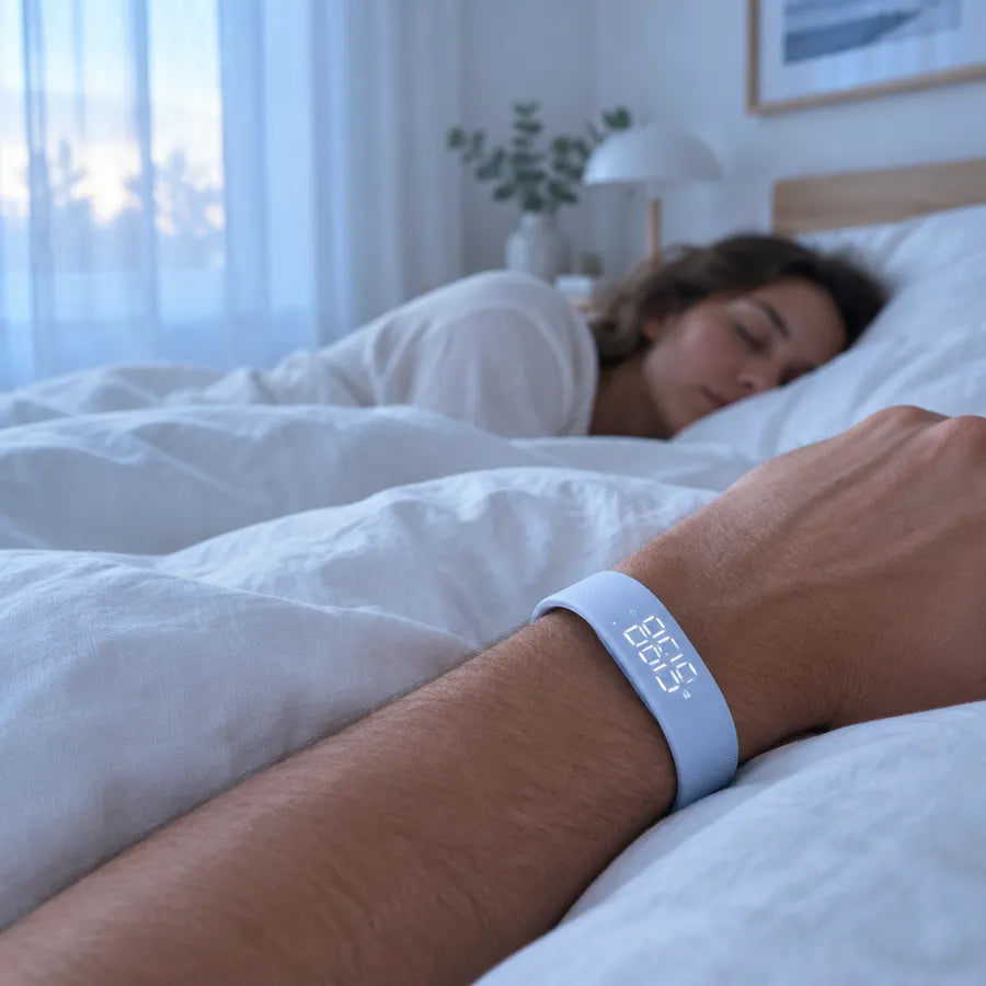 Armbåndet på håndleddet mens partneren sover (illustrasjon)