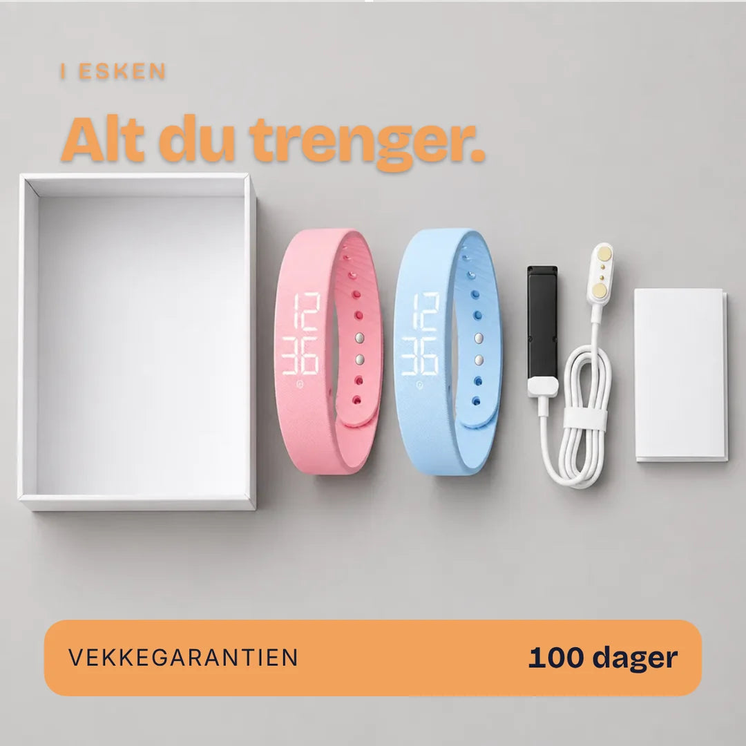 I esken: armbånd og ladekabel. Vekkegarantien 100 dager.